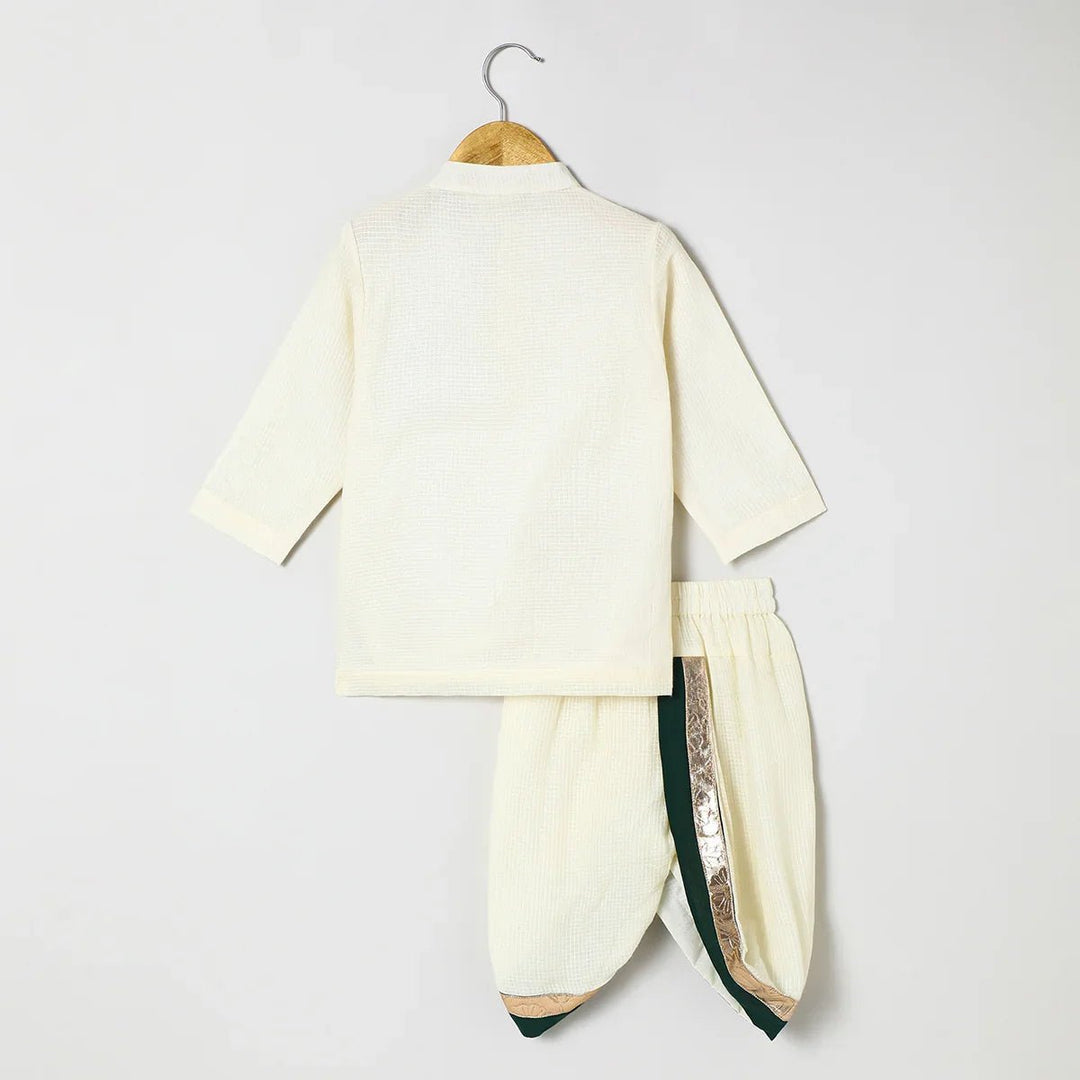 Off white doria cotton Kurta with Mayurpankh pearls embroidery Dhoti set - BYB PREMIUM