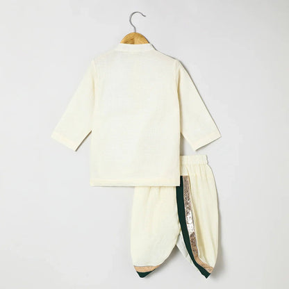 Off white doria cotton Kurta with Mayurpankh pearls embroidery Dhoti set - BYB PREMIUM