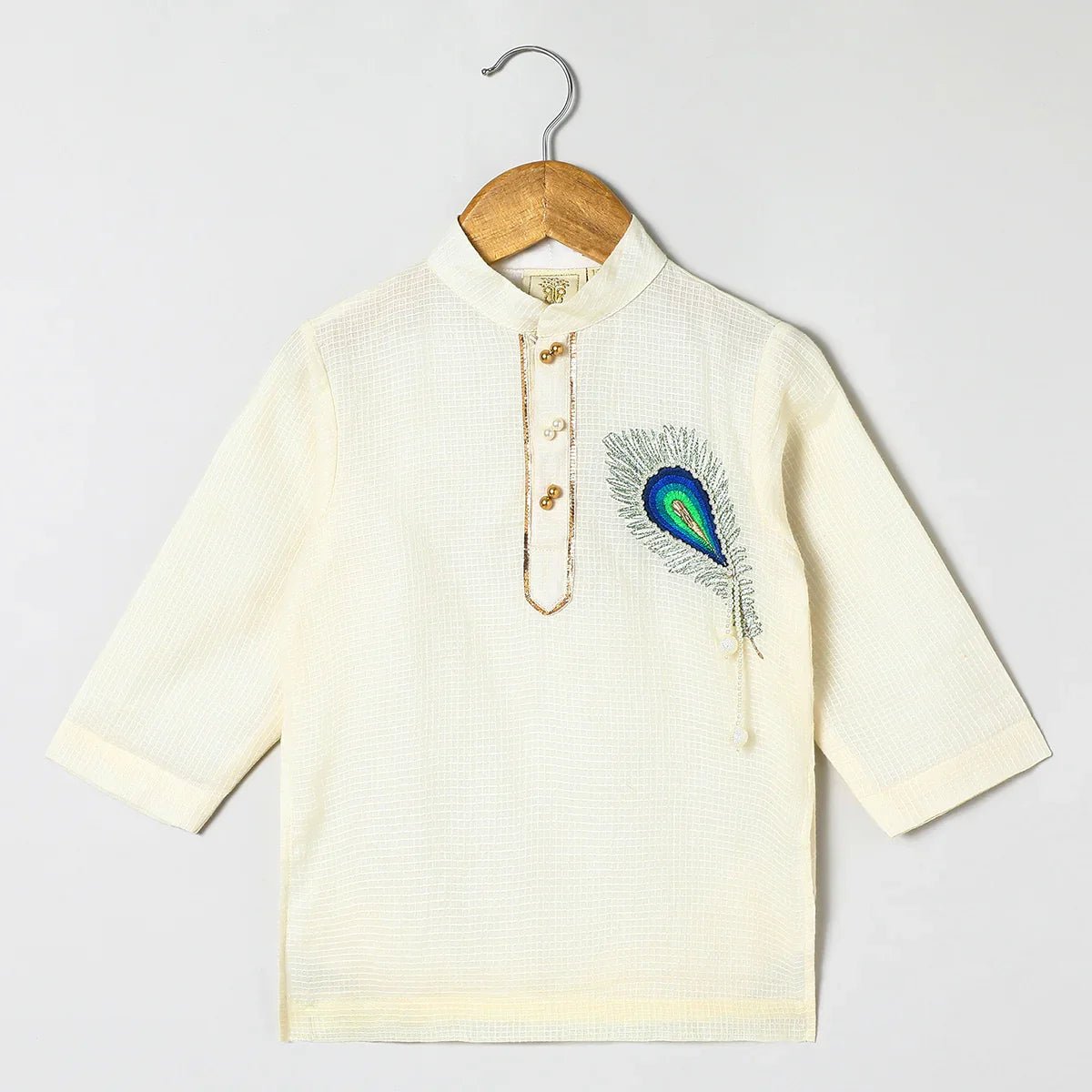 Off white doria cotton Kurta with Mayurpankh pearls embroidery Dhoti set - BYB PREMIUM