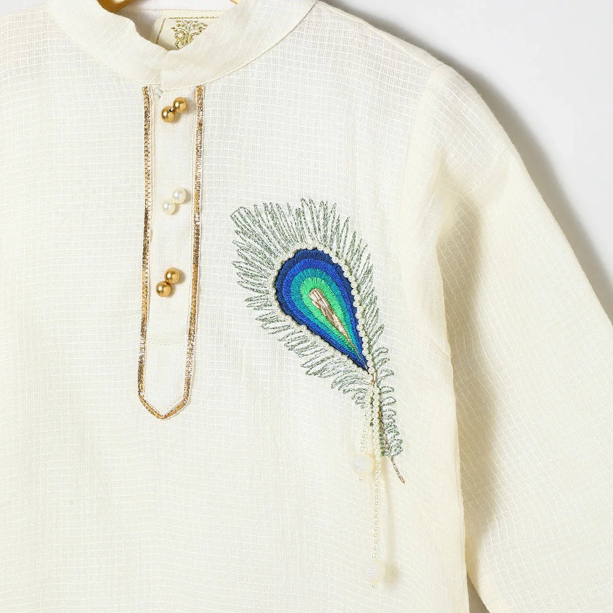 Off white doria cotton kurta with mayurpankh pearls embroidery dhoti set   byb premium