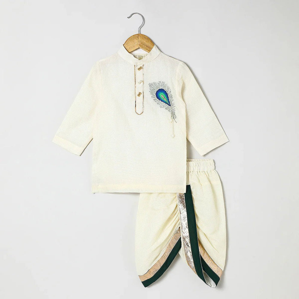 Off-White Doria Cotton Mayurpankh Embroidered Dhoti Set for Boys. - BYB PREMIUM