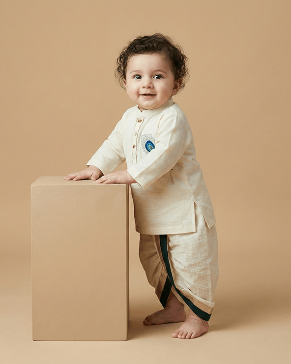 Off-White Doria Cotton Mayurpankh Embroidered Dhoti Set for Boys. - BYB PREMIUM