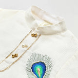 Off-White Doria Cotton Mayurpankh Embroidered Dhoti Set for Boys. - BYB PREMIUM