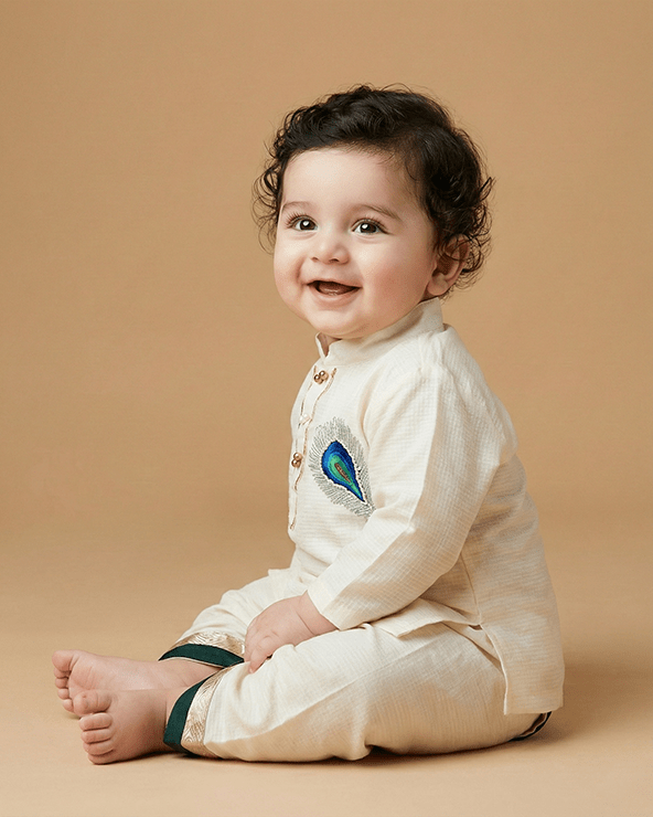 Off-White Doria Cotton Mayurpankh Embroidered Dhoti Set for Boys. - BYB PREMIUM