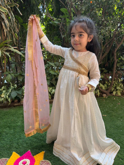 Off white full length chandler silk anarkali with dupatta set - BYB PREMIUM