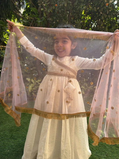 Off white full length chandler silk anarkali with dupatta set - BYB PREMIUM