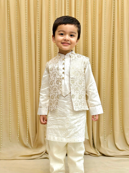 Off - White Kurta Pyjama with Brocade Bandi for Boys - BYB PREMIUM