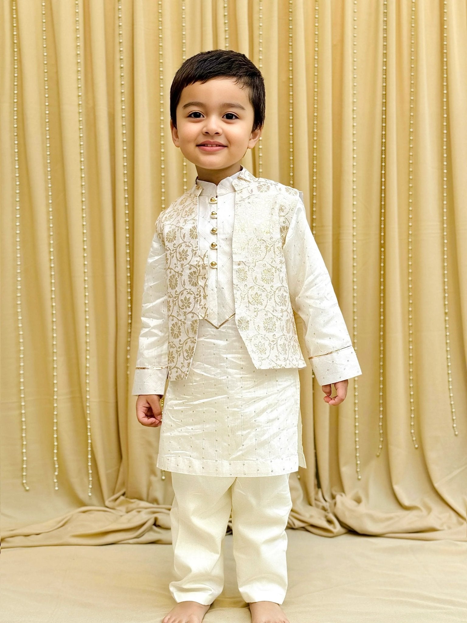 Off - White Kurta Pyjama with Brocade Bandi for Boys - BYB PREMIUM