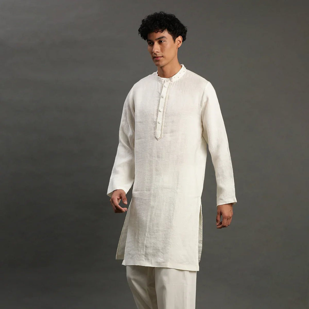 Off-White Linen Kurta Pyjama Set for Men - BYB PREMIUM