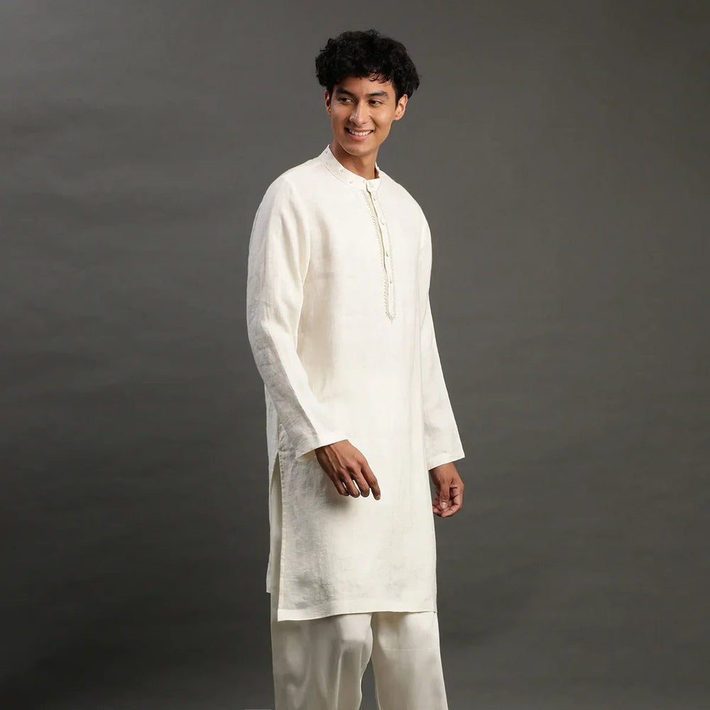 Off-White Linen Kurta Pyjama Set for Men - BYB PREMIUM