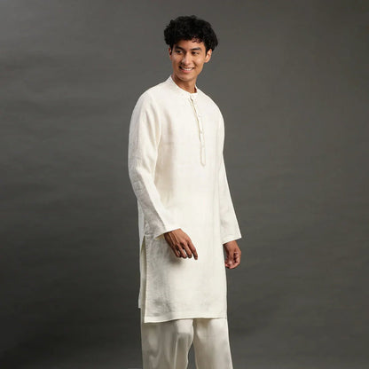 Off - White Linen Kurta Pyjama Set for Men - BYB PREMIUM