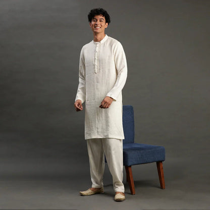 Off - White Linen Kurta Pyjama Set for Men - BYB PREMIUM