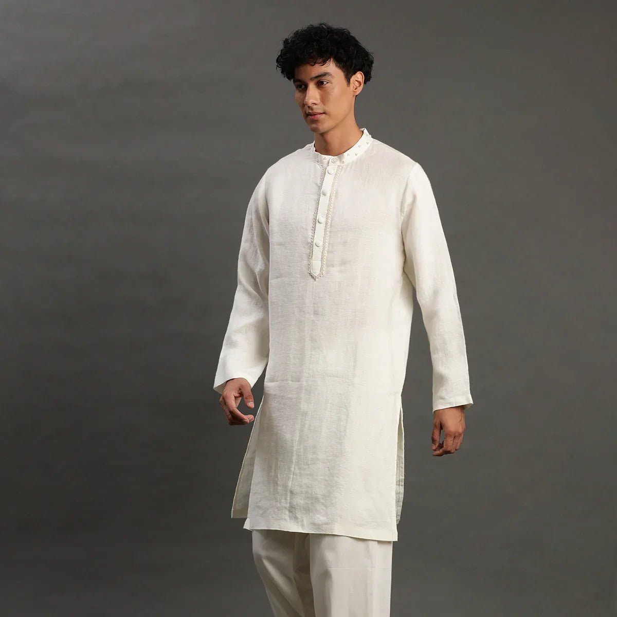 Off   white linen kurta pyjama set for men   byb premium