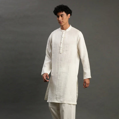 Off - White Linen Kurta Pyjama Set for Men - BYB PREMIUM