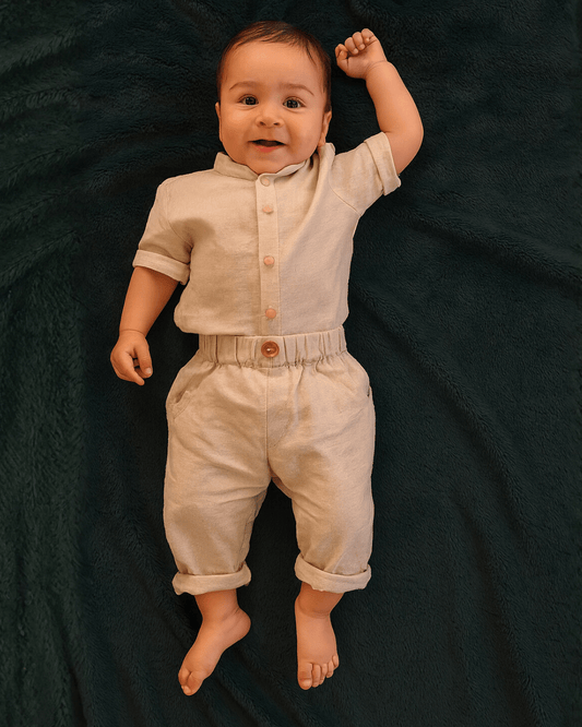 Off white linen shirt and beige pant set - BYB PREMIUM