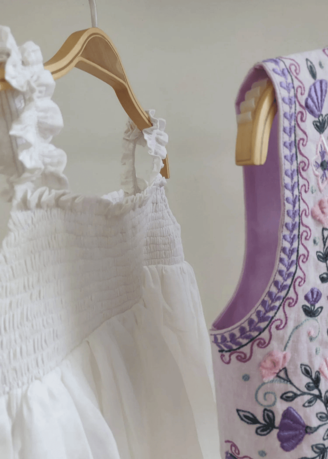 Off-White Mul Mul Cotton Dress with Lavender Linen Embroidered Shrug for Baby Girls - BYB PREMIUM