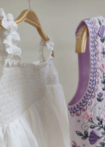 Load image into Gallery viewer, Off-White Mul Mul Cotton Dress with Lavender Linen Embroidered Shrug for Baby Girls - BYB PREMIUM
