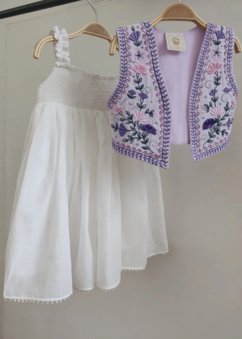Off-White Mul Mul Cotton Dress with Lavender Linen Embroidered Shrug for Baby Girls - BYB PREMIUM