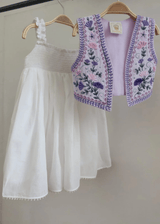 Off-White Mul Mul Cotton Dress with Lavender Linen Embroidered Shrug for Baby Girls - BYB PREMIUM