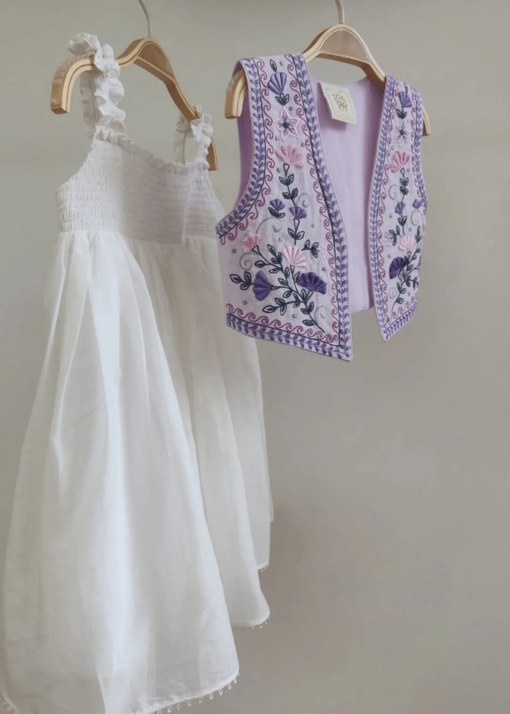 Off-White Mul Mul Cotton Dress with Lavender Linen Embroidered Shrug for Baby Girls - BYB PREMIUM