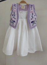 Load image into Gallery viewer, Off-White Mul Mul Cotton Dress with Lavender Linen Embroidered Shrug for Baby Girls - BYB PREMIUM
