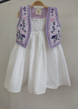 Off-White Mul Mul Cotton Dress with Lavender Linen Embroidered Shrug for Baby Girls - BYB PREMIUM