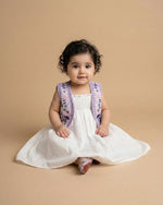 Load image into Gallery viewer, Off-White Mul Mul Cotton Dress with Lavender Linen Embroidered Shrug for Baby Girls - BYB PREMIUM
