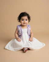 Off-White Mul Mul Cotton Dress with Lavender Linen Embroidered Shrug for Baby Girls - BYB PREMIUM