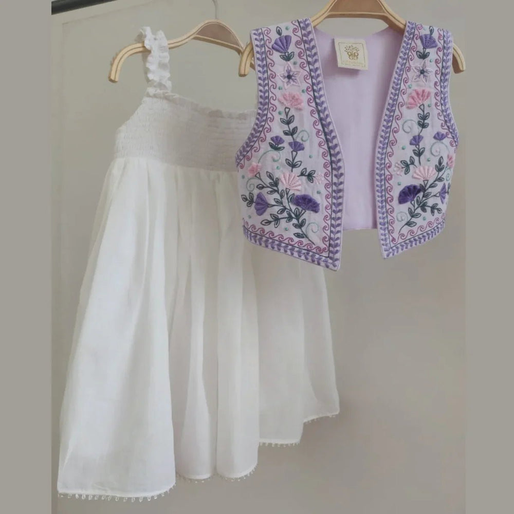 Off-White Mul Mul Cotton Dress with Lavender Linen Embroidered Shrug for Baby Girls - BYB PREMIUM