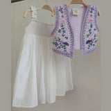 Off-White Mul Mul Cotton Dress with Lavender Linen Embroidered Shrug for Baby Girls - BYB PREMIUM