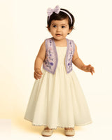 Off-White Mul Mul Cotton Dress with Lavender Linen Embroidered Shrug for Baby Girls - BYB PREMIUM