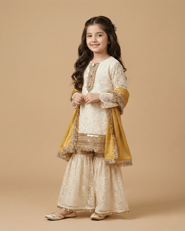 Off White Organza Kurta Sharara Set for Girls with Mustard Dupatta - BYB PREMIUM