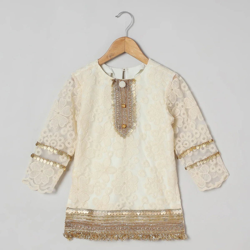 Off White Organza Kurta Sharara Set for Girls with Mustard Dupatta - BYB PREMIUM