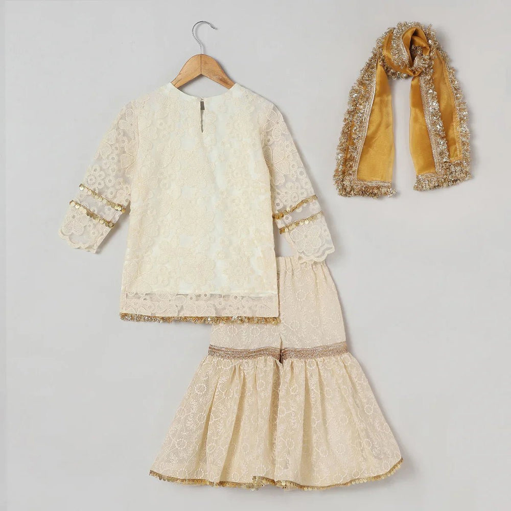 Off White Organza Kurta Sharara Set for Girls with Mustard Dupatta - BYB PREMIUM