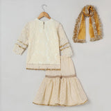 Off White Organza Kurta Sharara Set for Girls with Mustard Dupatta - BYB PREMIUM