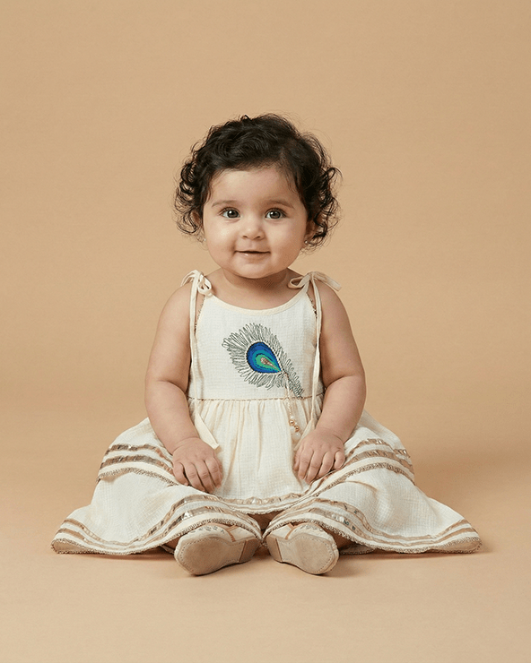 Off White Pure Cotton Mayurpankh Embroidered Top & Plazo Set for Girls - BYB PREMIUM