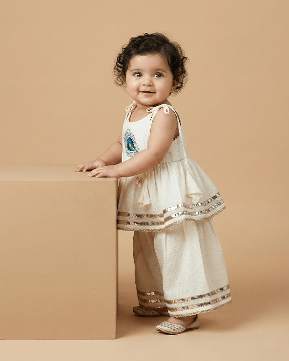 Off White Pure Cotton Mayurpankh Embroidered Top & Plazo Set for Girls - BYB PREMIUM
