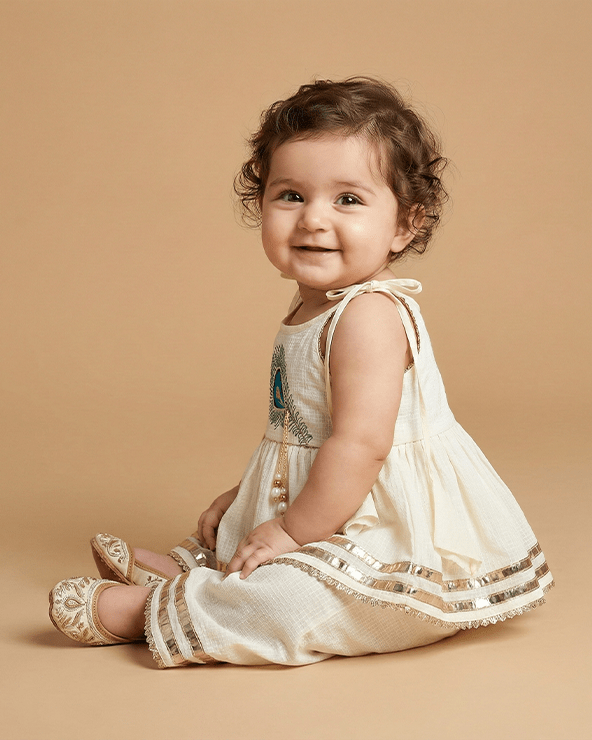Off White Pure Cotton Mayurpankh Embroidered Top & Plazo Set for Girls - BYB PREMIUM