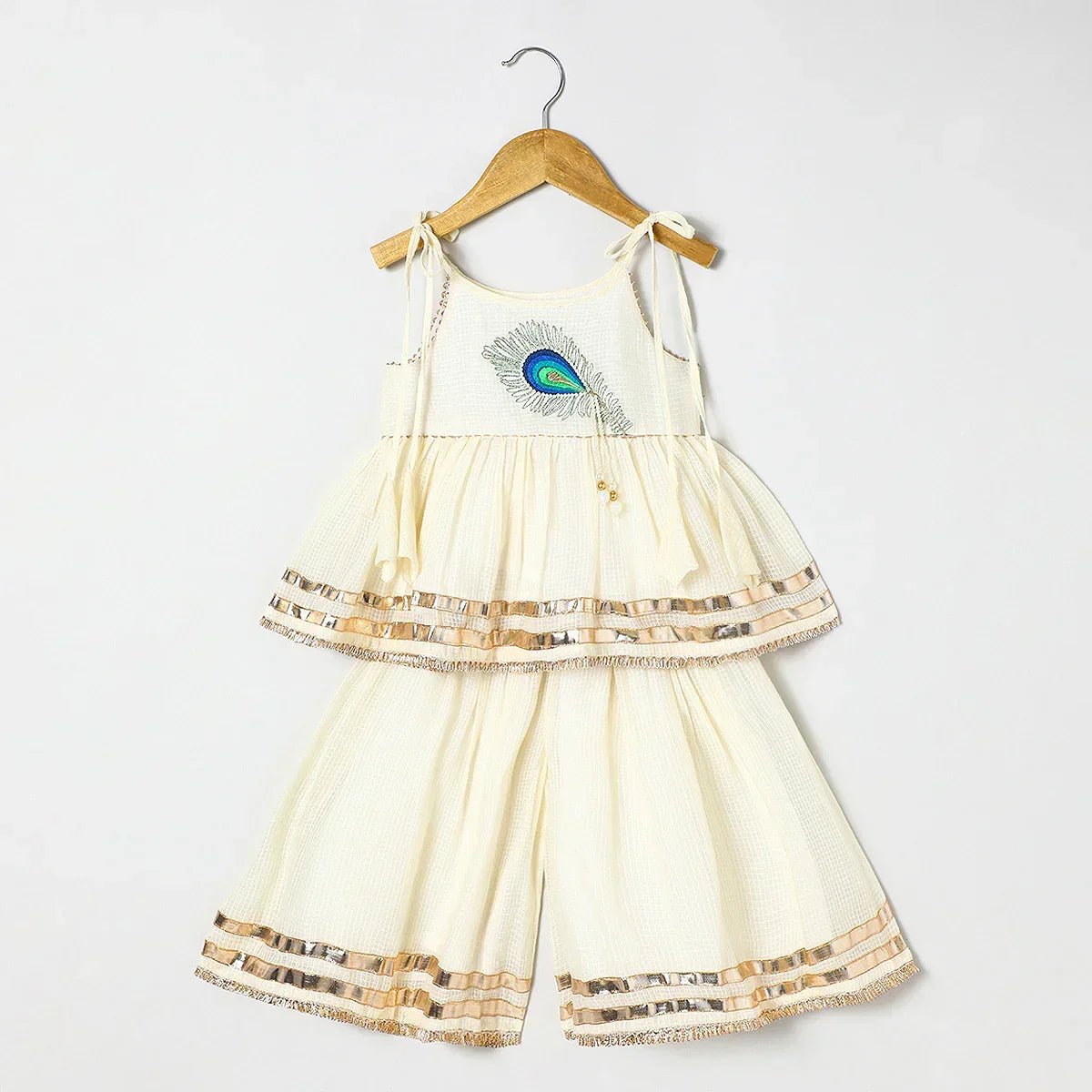 Off white Pure doria cotton Mayurpankh pearls embroidery with plazo set - BYB PREMIUM