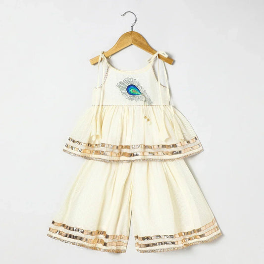 Off white Pure doria cotton Mayurpankh pearls embroidery with plazo set - BYB PREMIUM