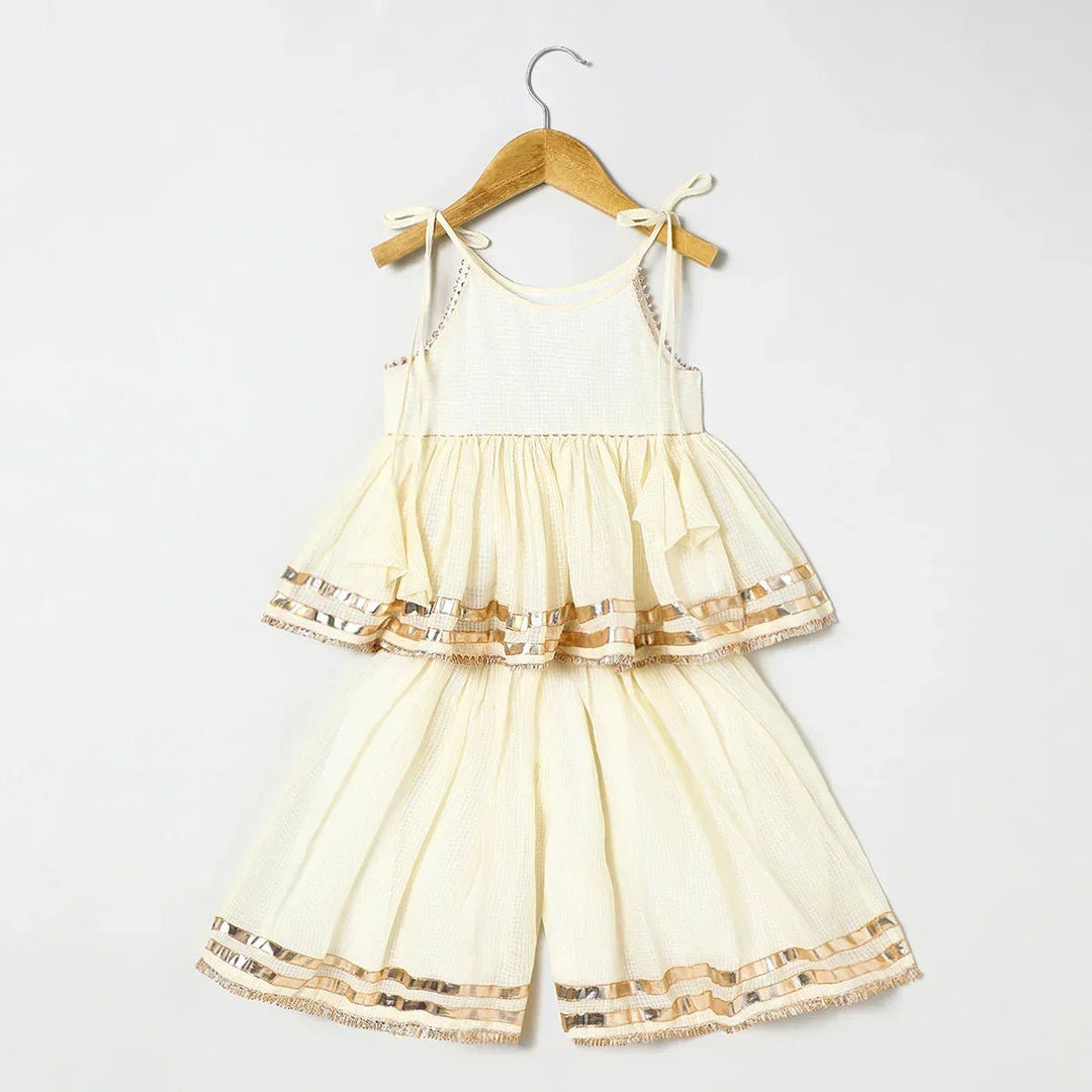 Off white Pure doria cotton Mayurpankh pearls embroidery with plazo set - BYB PREMIUM