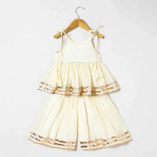 Off white Pure doria cotton Mayurpankh pearls embroidery with plazo set - BYB PREMIUM