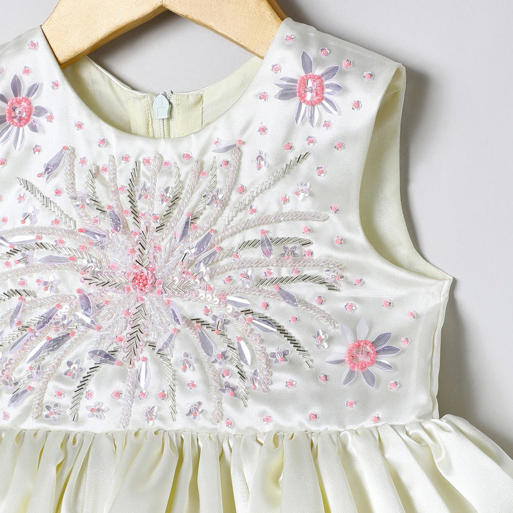 Off White Satin Girls Party Dress with Hand Bead Embroidery - BYB PREMIUM