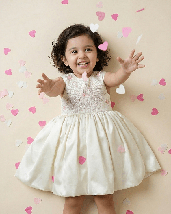 Off White Satin Girls Party Dress with Hand Bead Embroidery - BYB PREMIUM