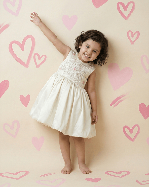 Off White Satin Girls Party Dress with Hand Bead Embroidery - BYB PREMIUM
