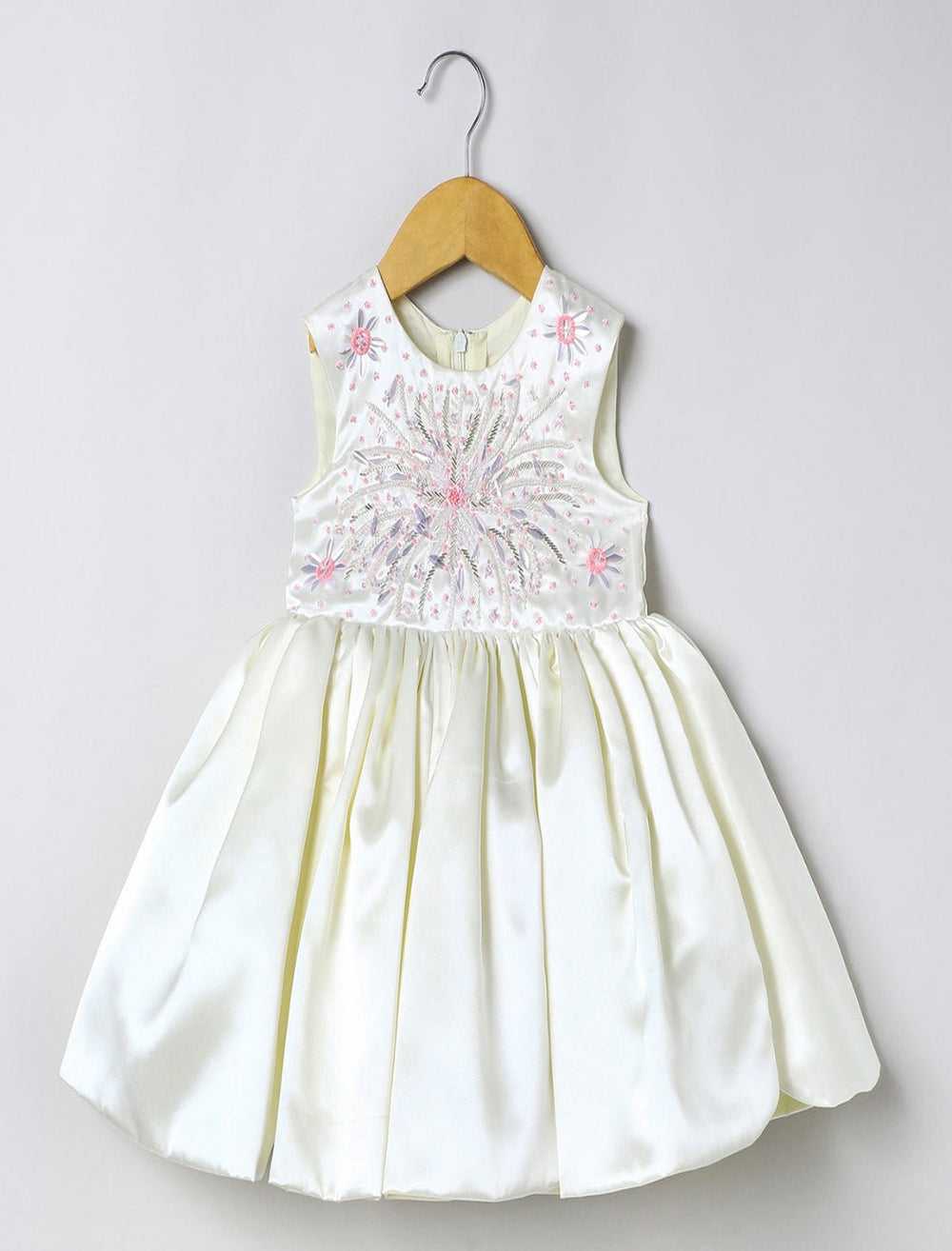 Off White Satin Girls Party Dress with Hand Bead Embroidery - BYB PREMIUM