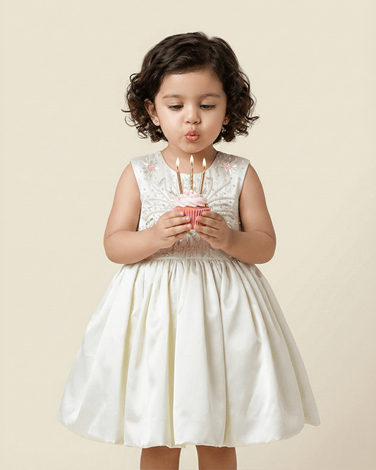 Off White Satin Girls Party Dress with Hand Bead Embroidery - BYB PREMIUM