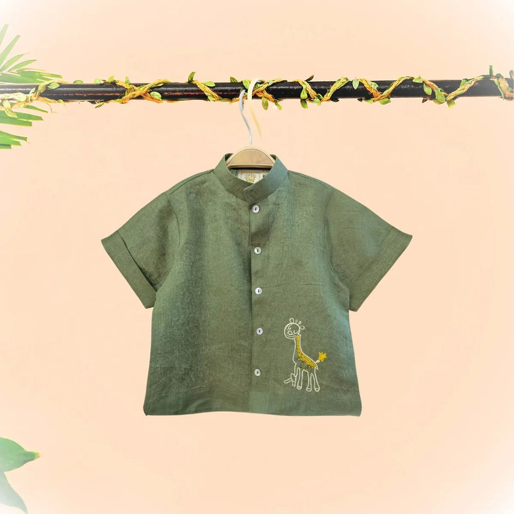 Olive Green Pure Linen Embroidered Coord Set for Boys - BYB PREMIUM