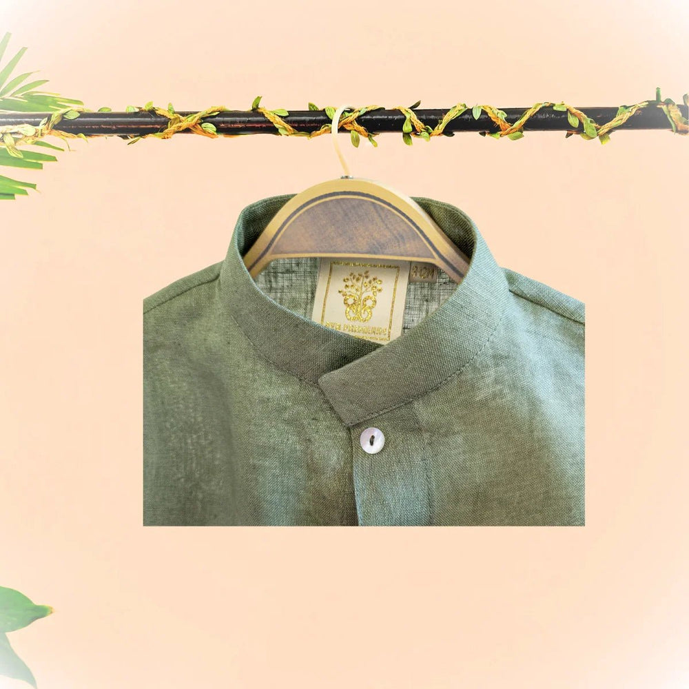 Olive Green Pure Linen Embroidered Coord Set for Boys - BYB PREMIUM