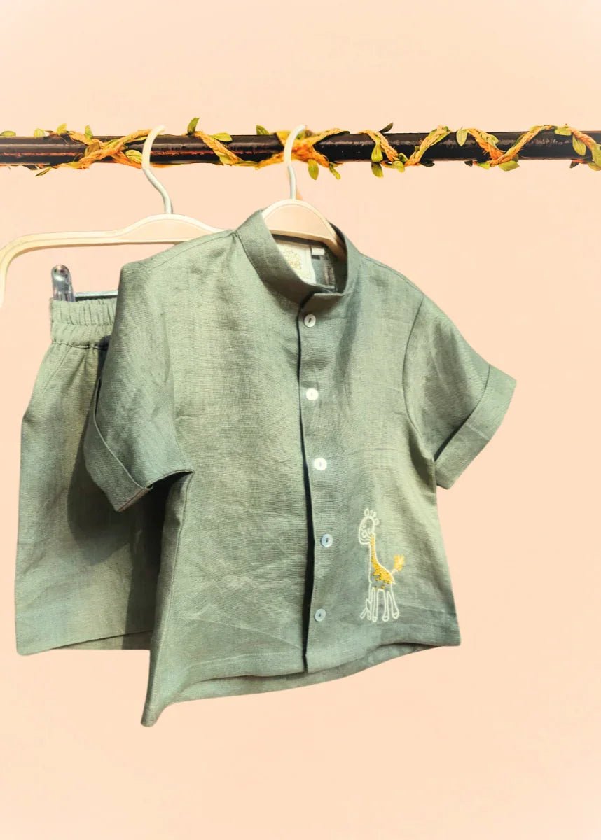 Olive Green Pure Linen Embroidered Coord Set for Boys - BYB PREMIUM